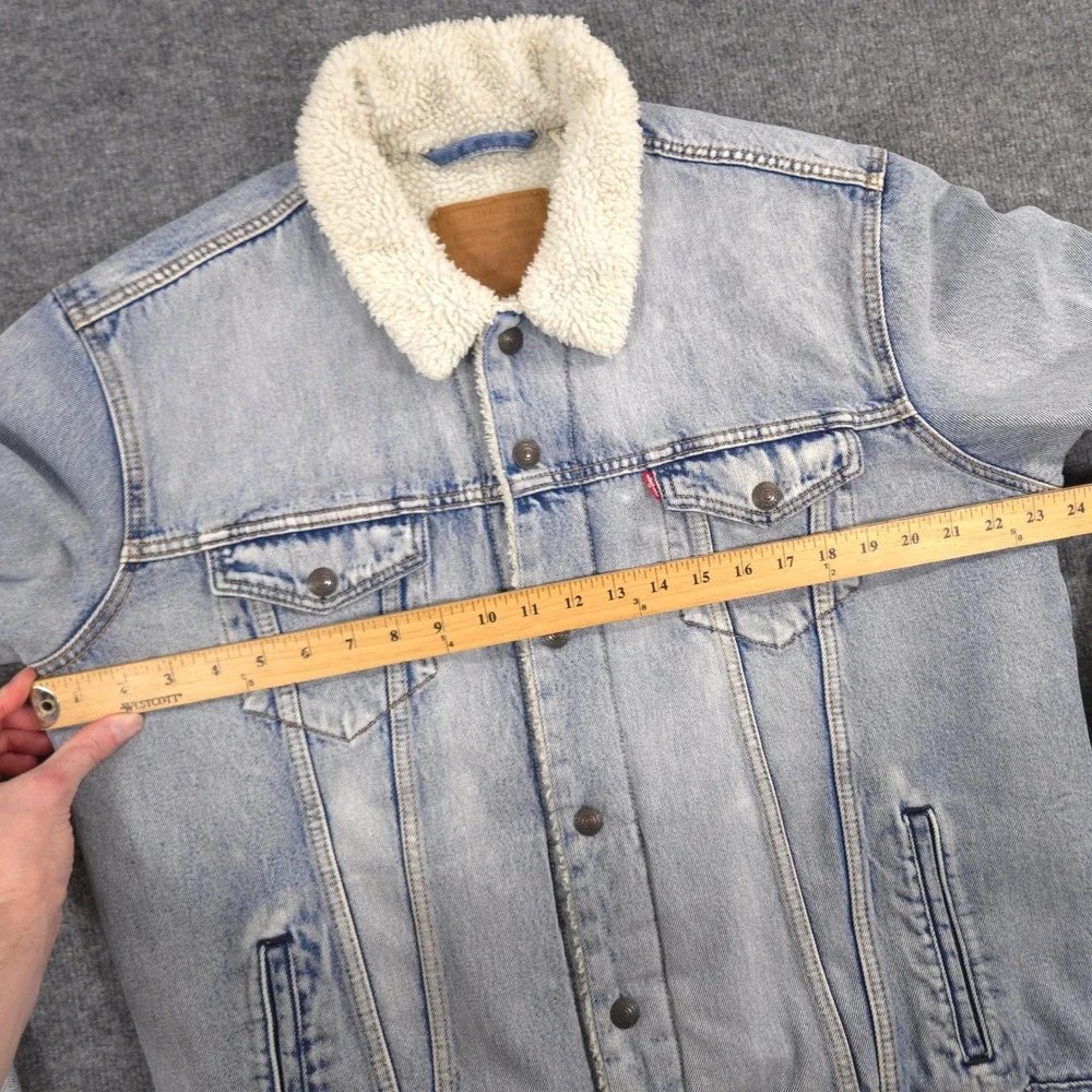 Levis Premium Denim Trucker Jacket Mens Large Blue Big E Sherpa Lined Light Wash